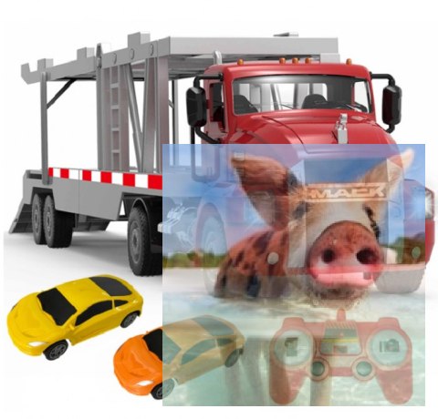 Transporter MACK 1:26 2.4GHz RTR (odpinana naczepa, 2 auta osobowe)